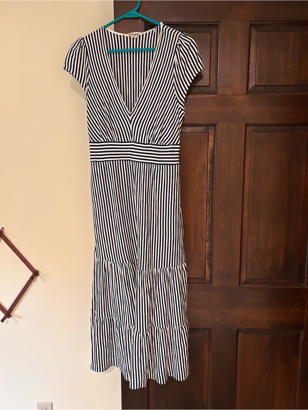 Boden Navy and White Striped V-Neck Maxi Dress